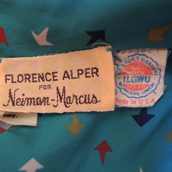 Vintage Florence Alper Neiman Marcus Teal Print Bow Blouse 18 (L/XL) - Picture 8 of 10